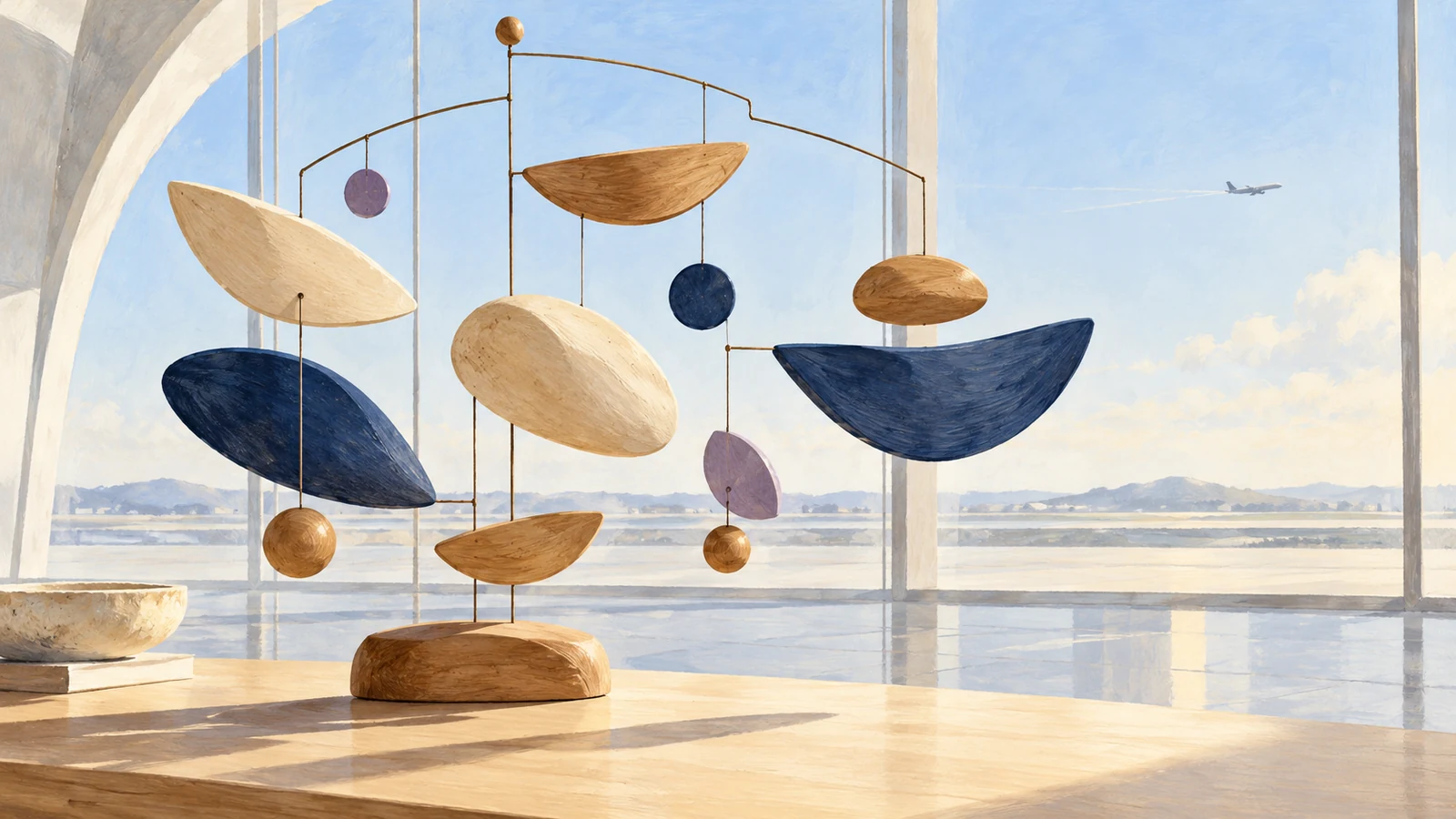 Ilustración de un móvil de piezas de madera en equilibrio frente a un ventanal de aeropuerto.