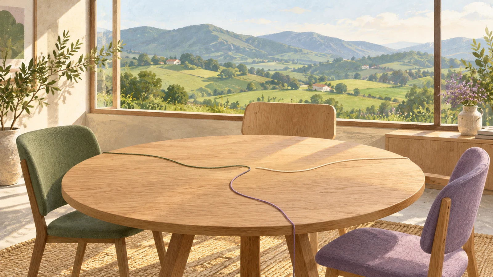 Ilustración de una mesa redonda y tres sillas junto a un paisaje rural verde.