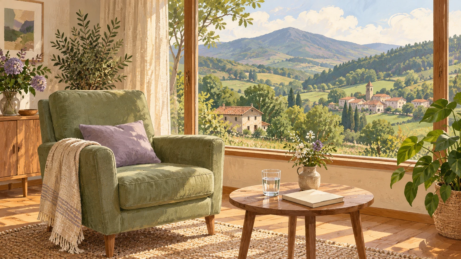 Ilustración de un sillón verde, una mesa con agua y un cuaderno, junto a una ventana hacia un valle con casas y montañas.