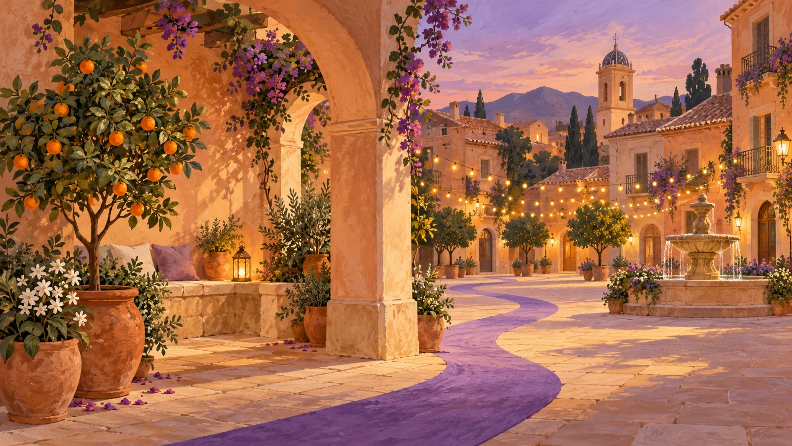 Ilustración de un camino violeta que conecta un patio con naranjos y una plaza iluminada al atardecer.