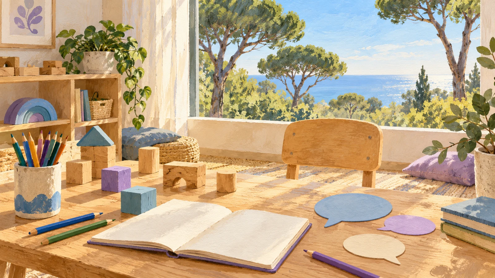 Ilustración de una mesa de aprendizaje con cuaderno, lápices y piezas de madera junto a una ventana con pinos.