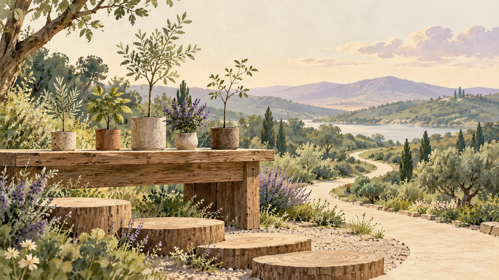 Ilustración de un camino entre plantas en macetas y piezas de madera, como símbolo de un recorrido de desarrollo profesional.