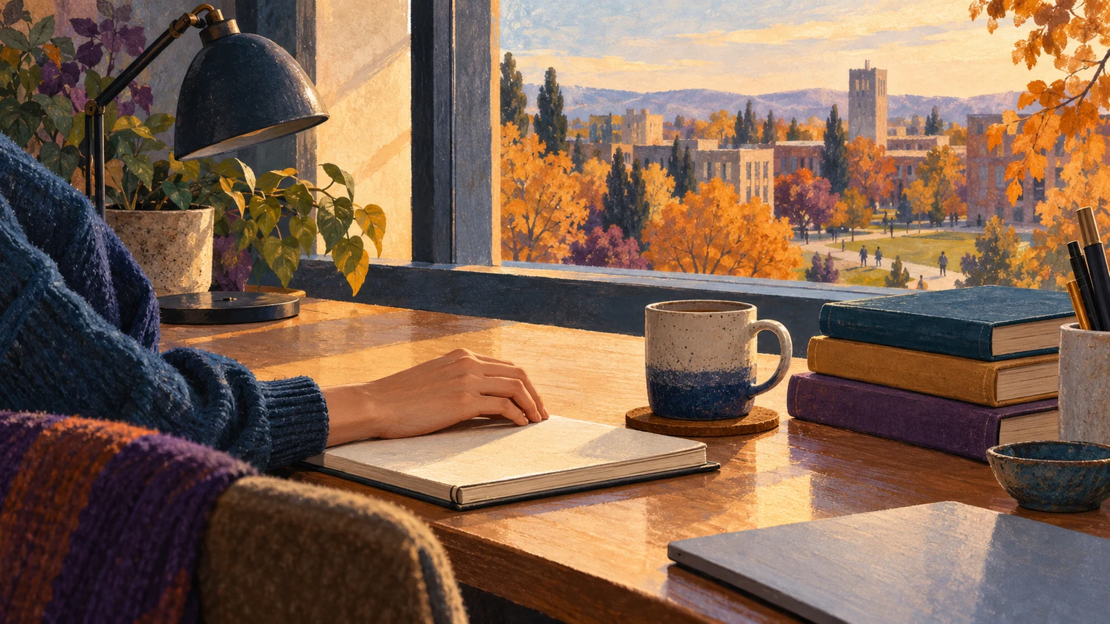 Ilustración de una mano sobre un cuaderno, junto a una taza, libros y una lámpara, frente a un campus con árboles de otoño.