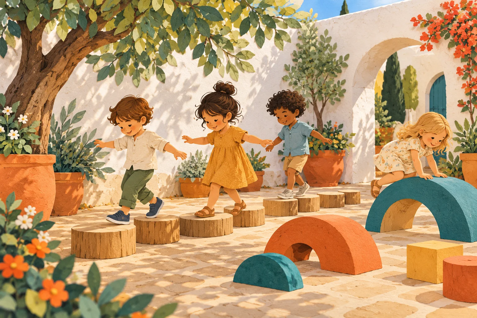Ilustración de niños y niñas jugando en un patio mediterráneo con piezas de madera y plantas.