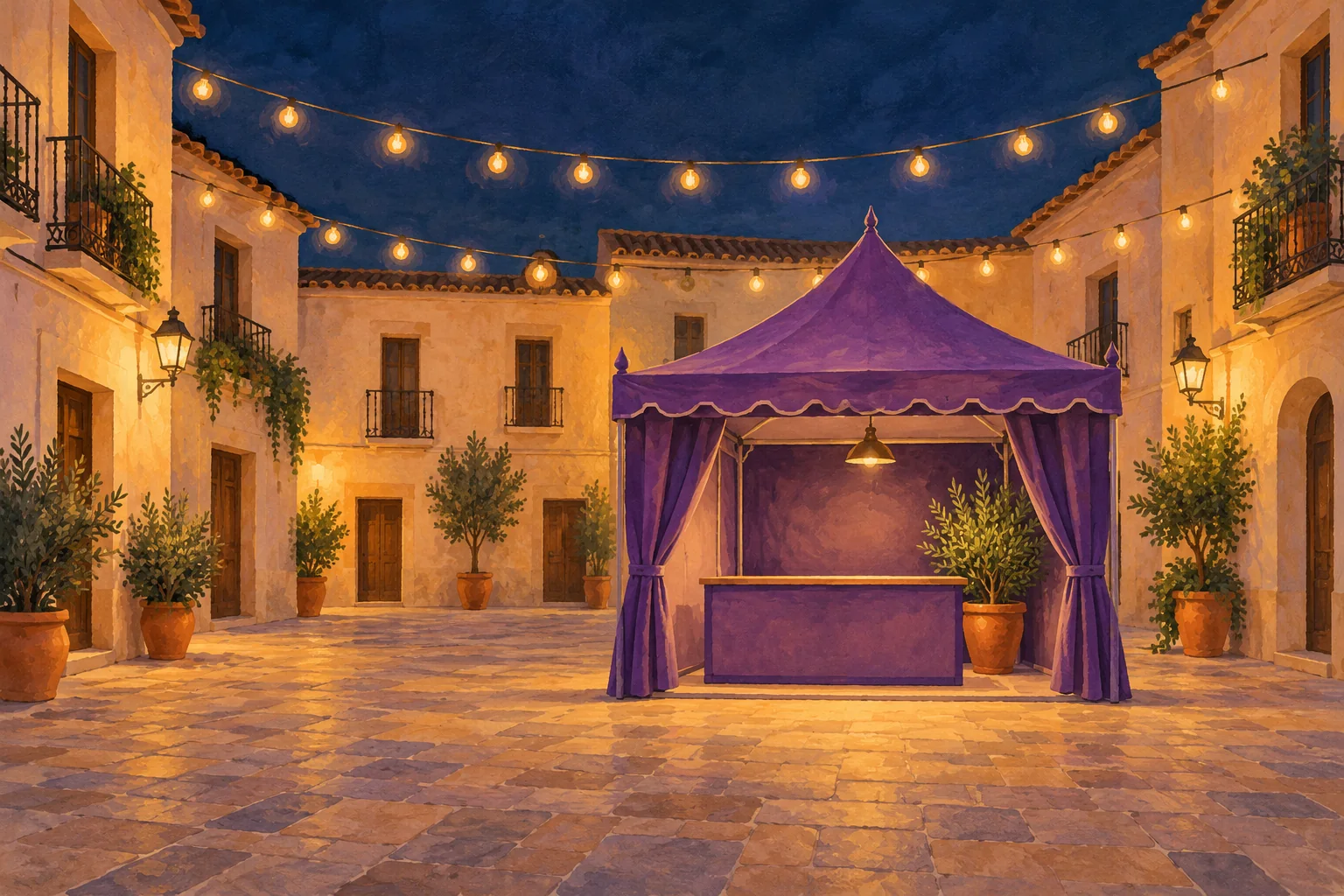 Ilustración de una plaza mediterránea al anochecer con un pequeño punto de información violeta y luces festivas.