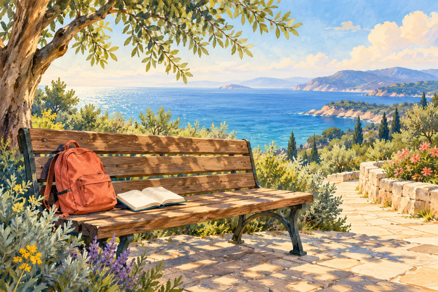 Ilustración de una mochila y un cuaderno sobre un banco frente a un paisaje mediterráneo.