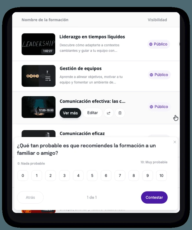 Catálogo de formación y cuestionario de valoración de una actividad