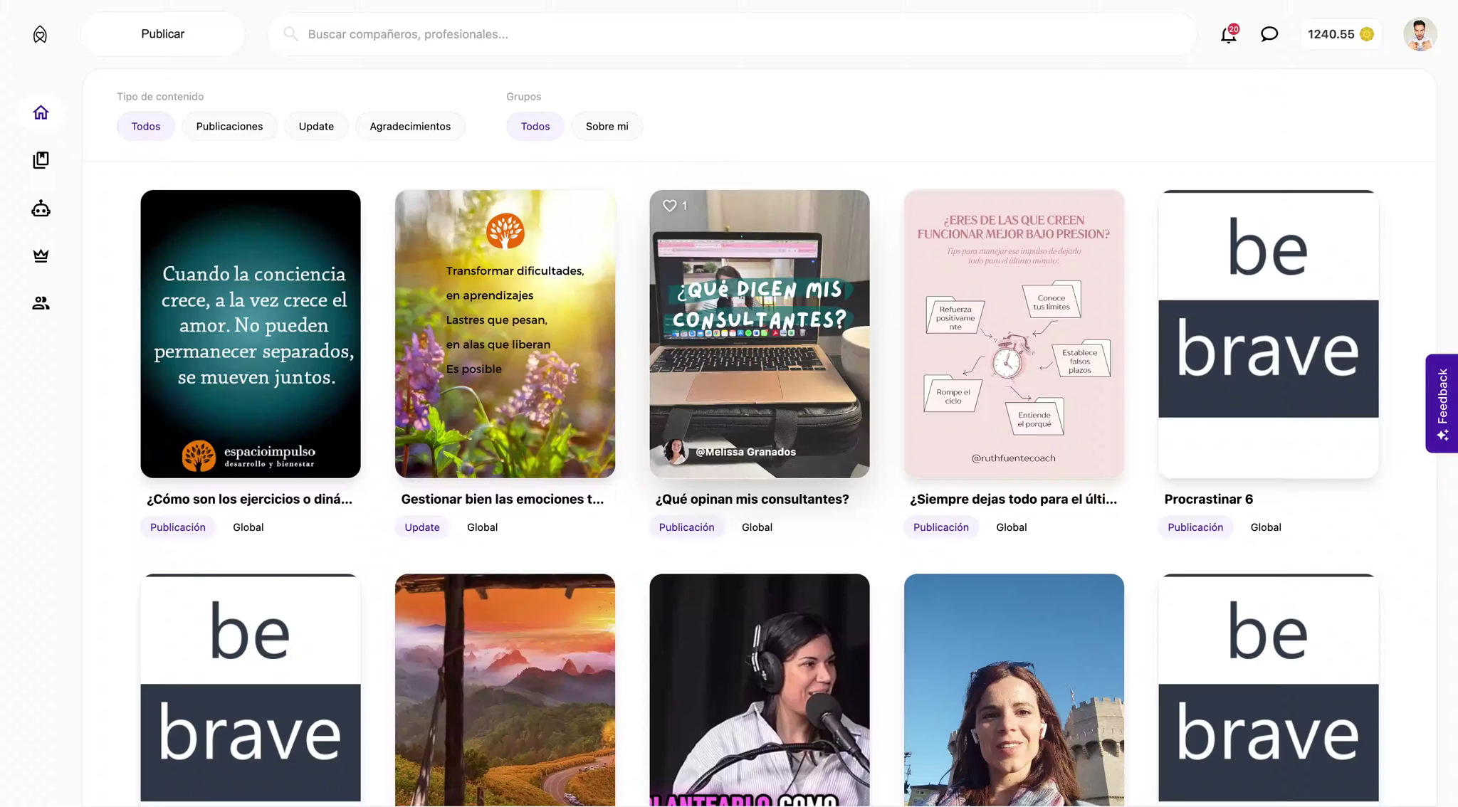 Vista de la comunidad de Emocional con recursos audiovisuales y publicaciones