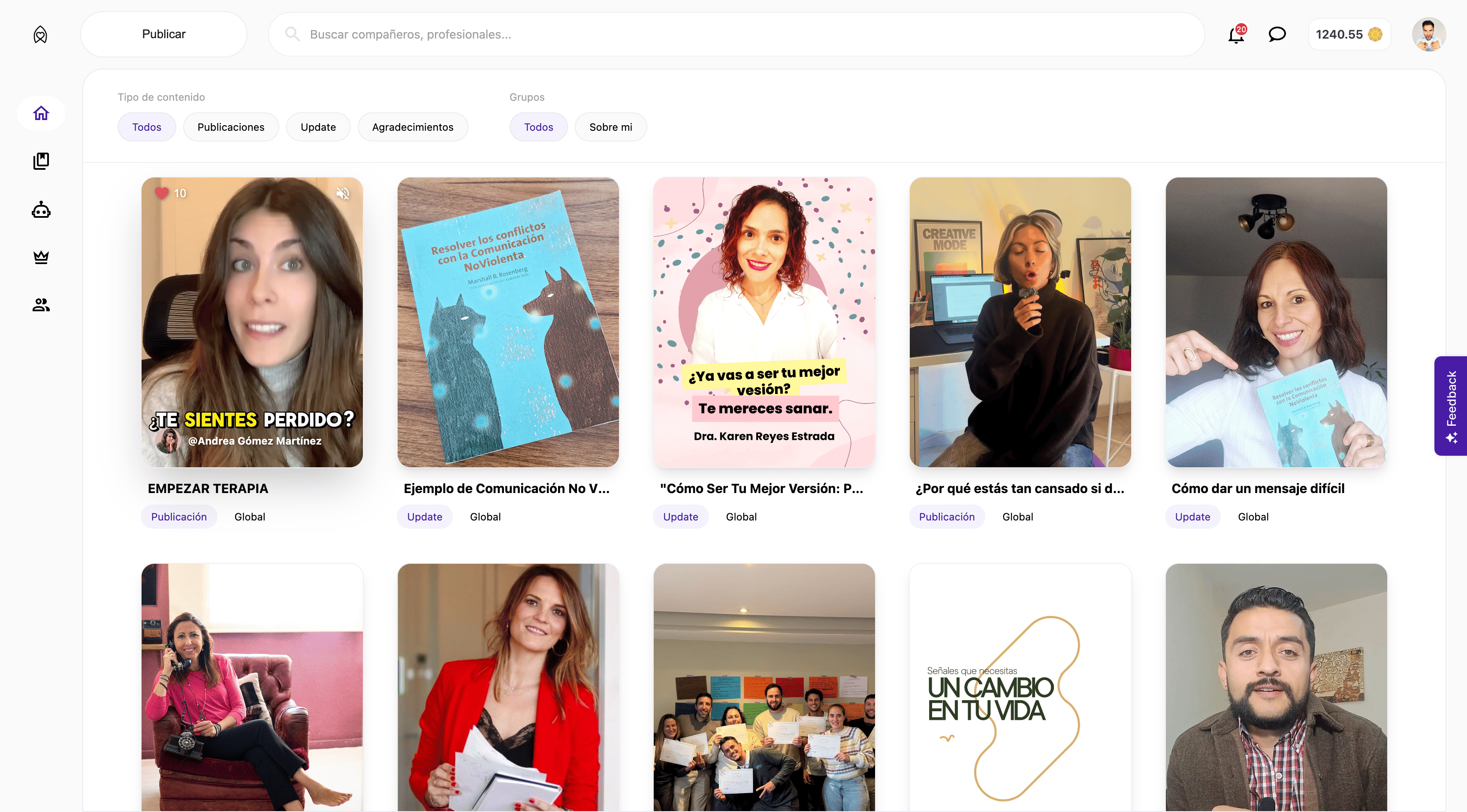 Muro de la plataforma Emocional con publicaciones, vídeos y contenido profesional