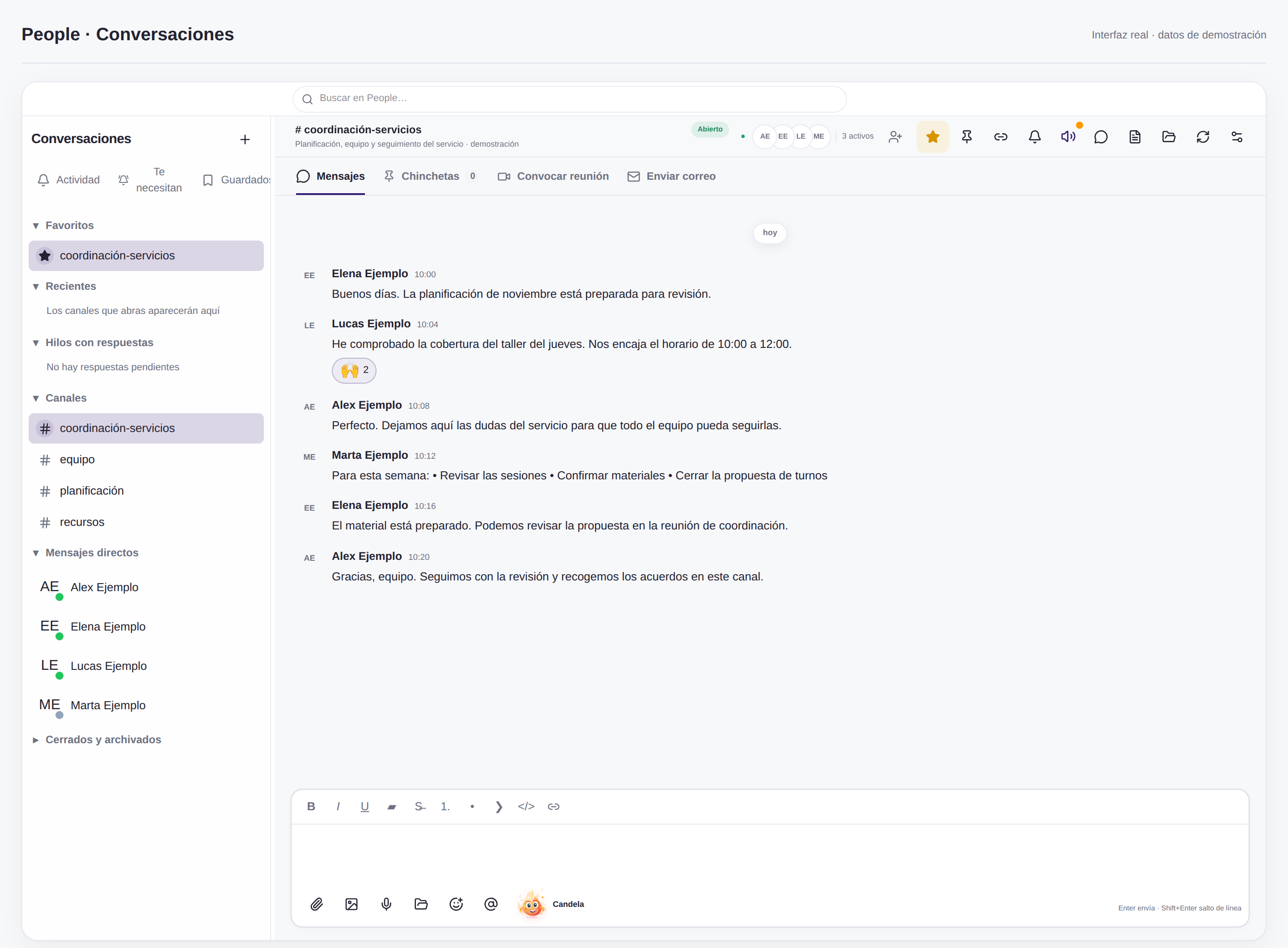 Canales y conversaciones de People con datos ficticios para ilustrar la coordinación.