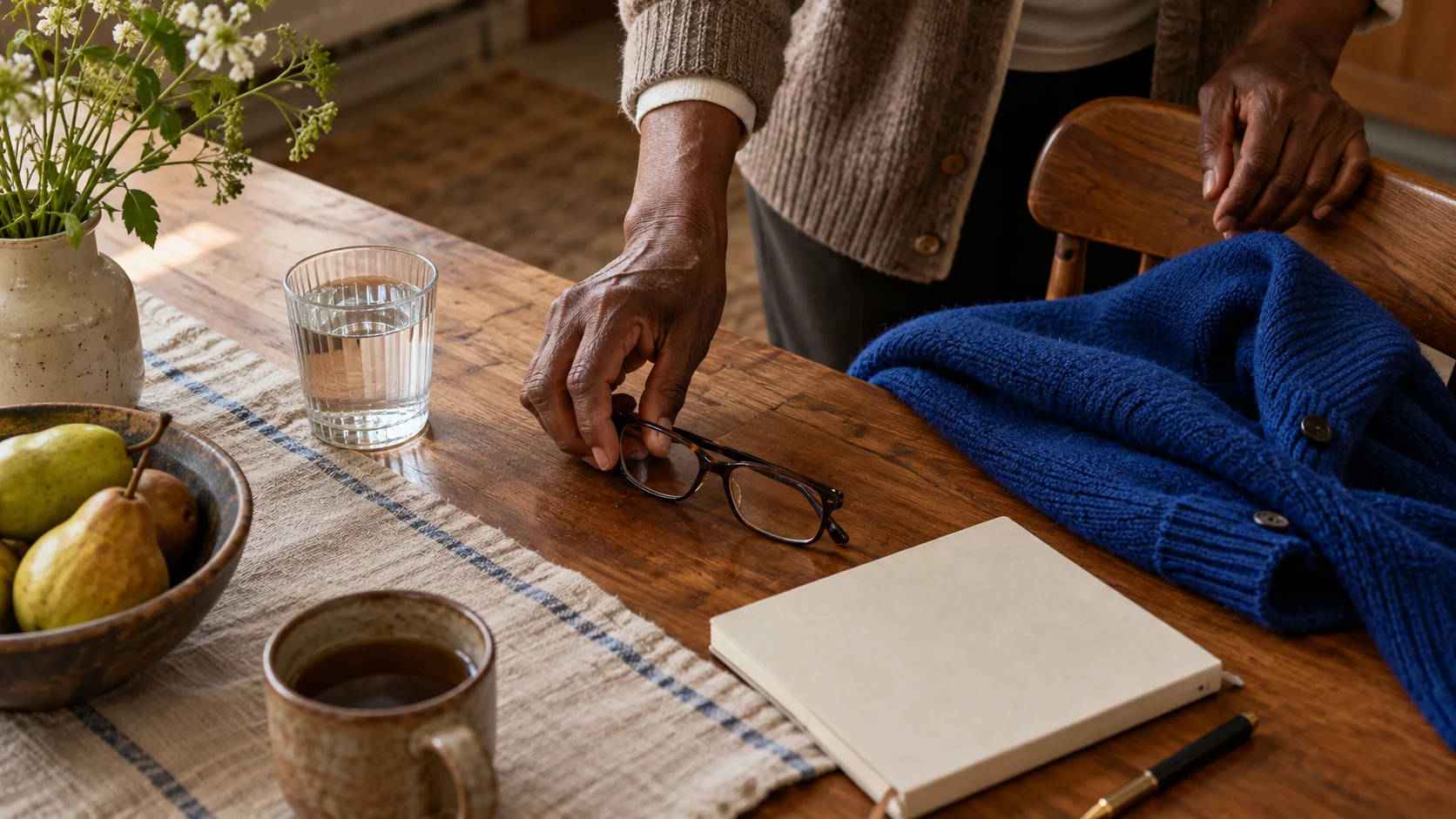Fotografía editorial de las manos de una persona mayor junto a gafas, cuaderno y jersey azul sobre una mesa.