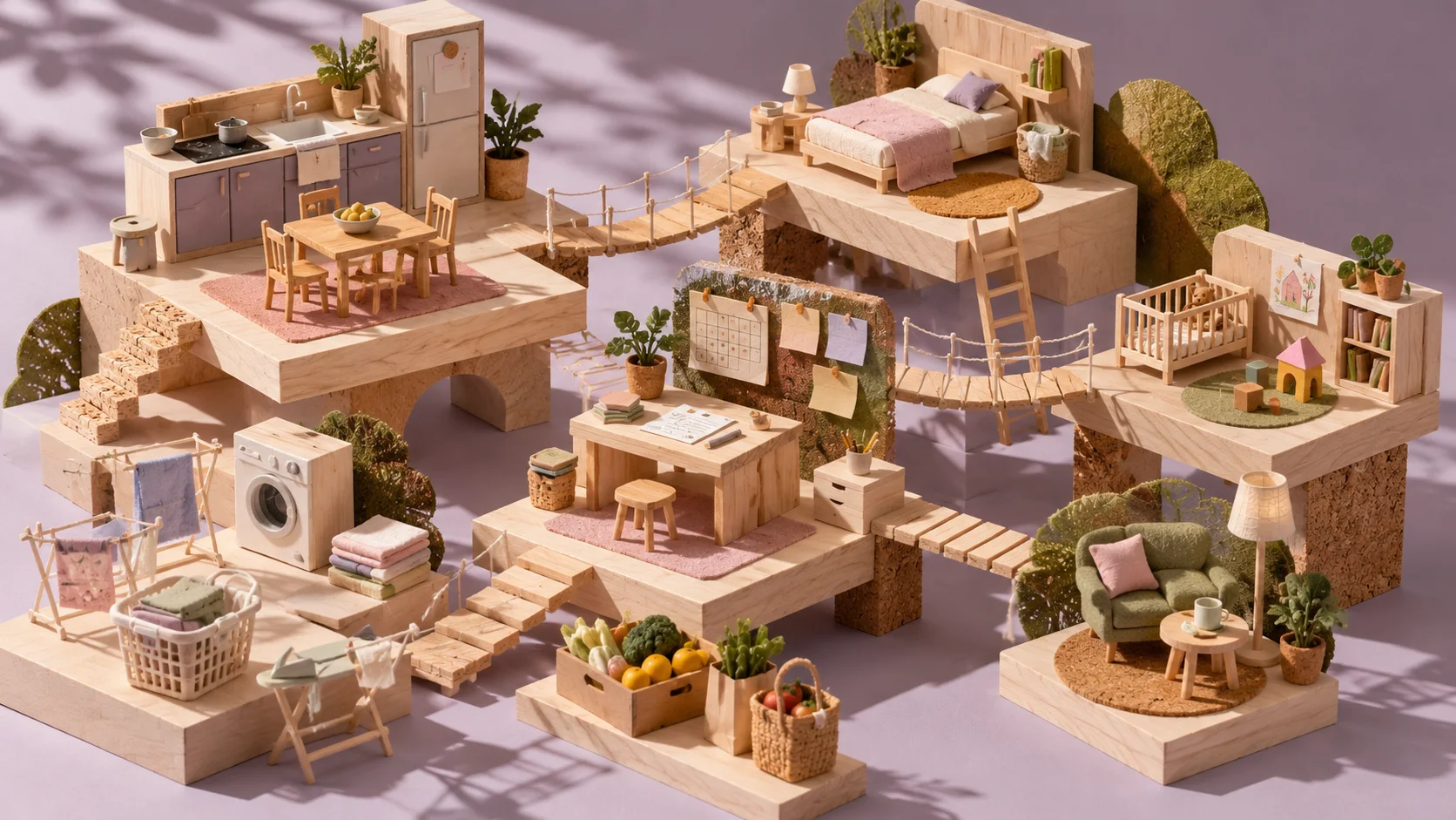 Maqueta artesanal de madera y corcho con espacios domésticos conectados por puentes en miniatura.