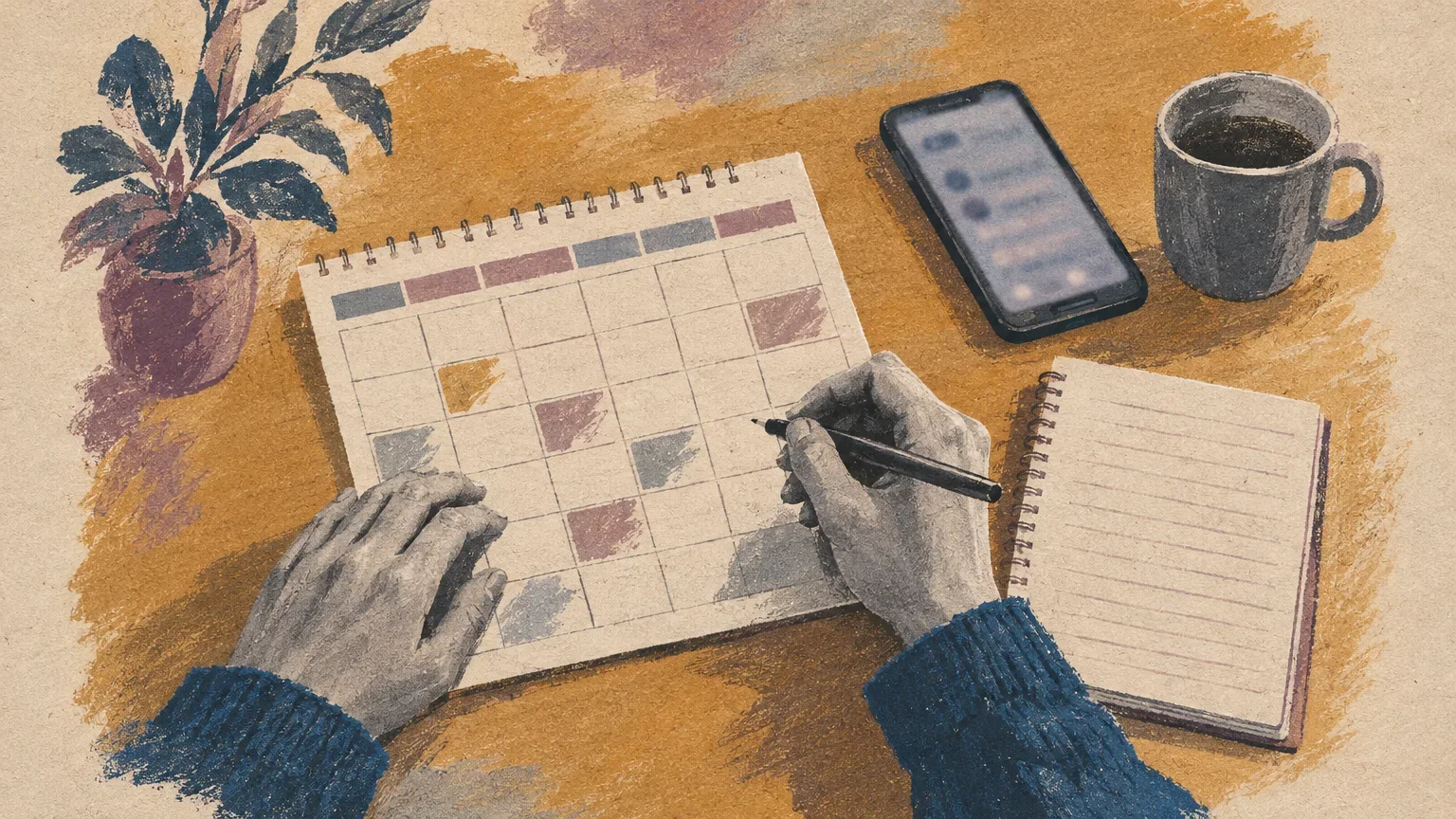 Manos revisan un calendario laboral junto a una libreta y un teléfono.