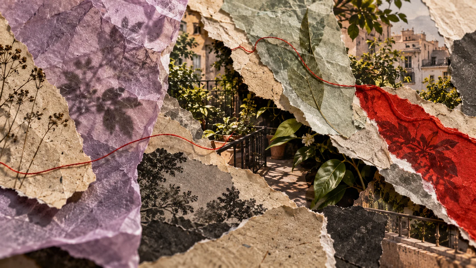 Collage de papeles rasgados y translúcidos con hojas, hilo rojo y fragmentos de un jardín urbano.