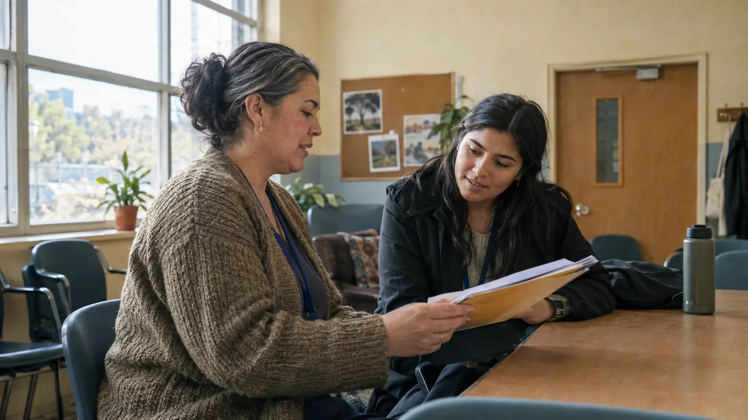 Dos profesionales intercambian información durante el relevo de un servicio comunitario en una sala luminosa.