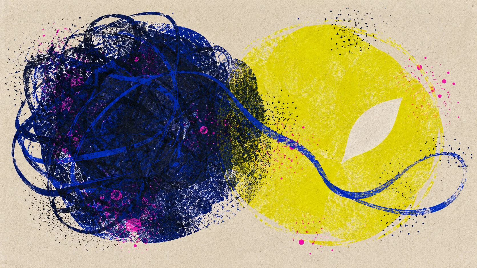 Risografía abstracta de dos formas de tinta azul y amarillo ácido conectadas por un trazo sobre papel rugoso.