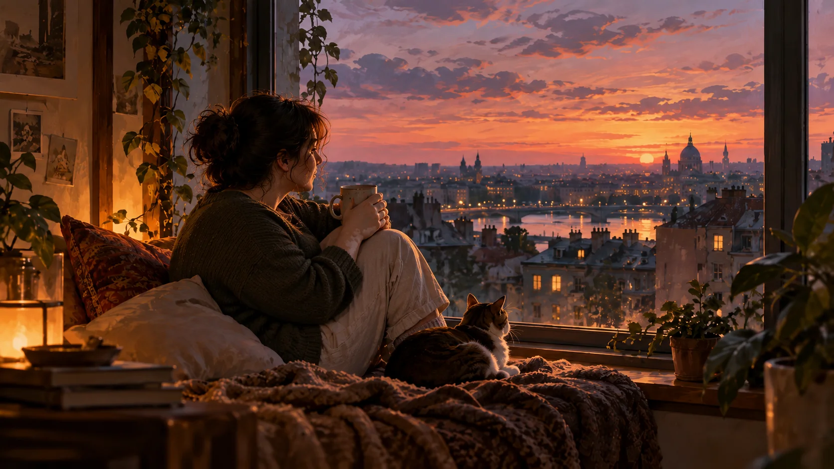 mujer mirando a la ventana con su gato
